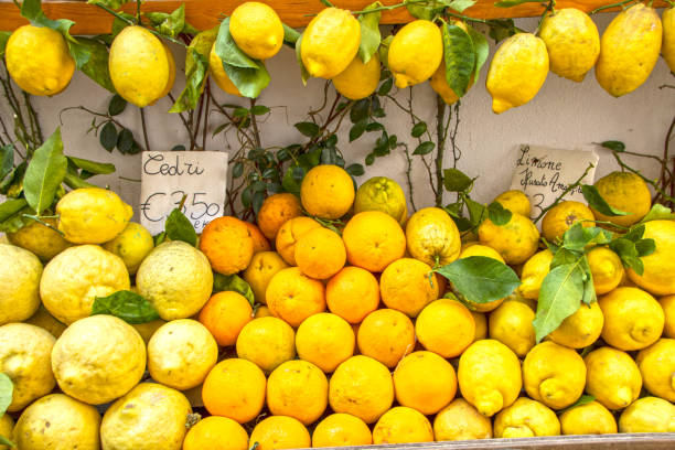 Amalfi lemons and cedars Amalfi coast's typical lemons in a market stall amalfi coast photos stock pictures, royalty-free photos & images