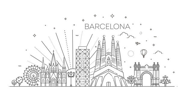 바르셀로나 스카이라인, 스페인 - barcelona stock illustrations