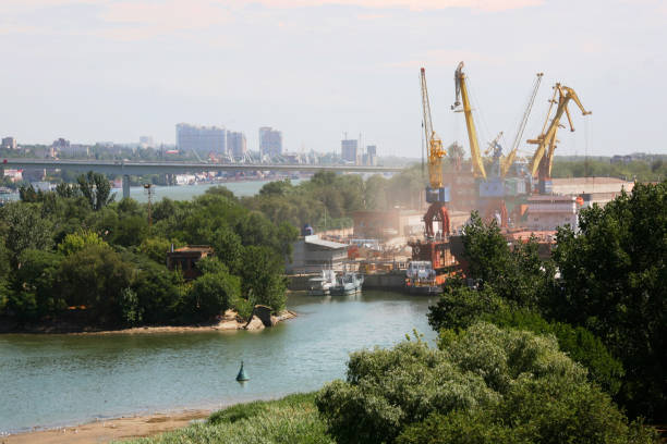 istock Port cranes on the river don, beautifu 1015416992
