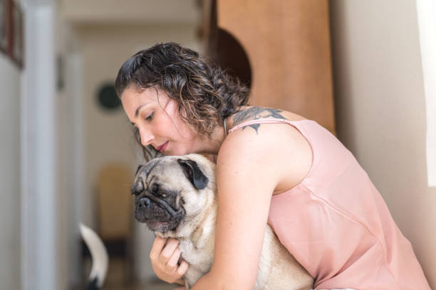 istock Woman having fun with her dog at home 1015420890