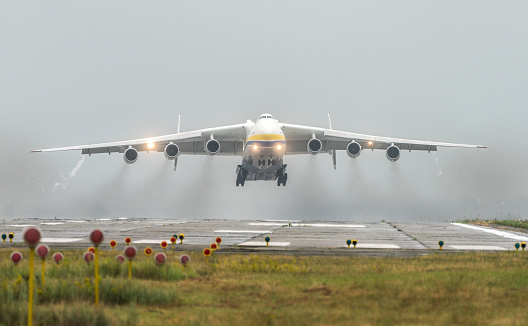 Antonov An-225 Mriya aircraft takes off from the Gostomel airport in Kyiv, Ukraine. This giant cargo plane is the heaviest aircraft ever built. Summer 2018