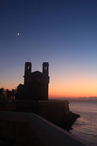 church of san pedro and san pablo at dusk on tabarca island - island of tabarca imagens e fotografias de stock