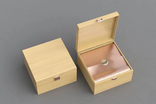 Open and closed square wooden gift box or casket on gray background. Include clipping path around box. 3d render