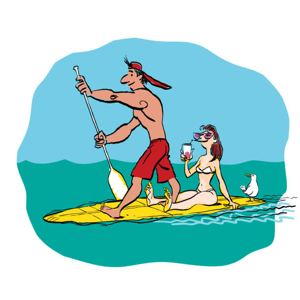 ilustrações de stock, clip art, desenhos animados e ícones de couple doing stand up paddling on paddle board on water at seaside - stretch beach