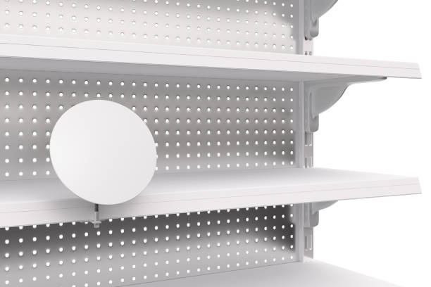 Empty showcase shelves Empty showcase shelves with blank label. 3d render market retail space stock pictures, royalty-free photos & images