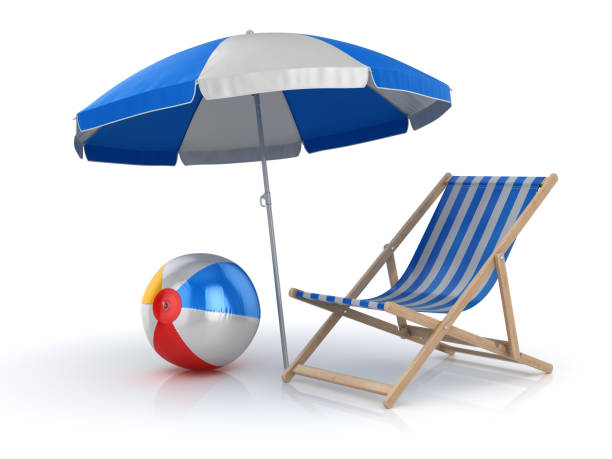 beach ball , chair and umbrella - parasol imagens e fotografias de stock