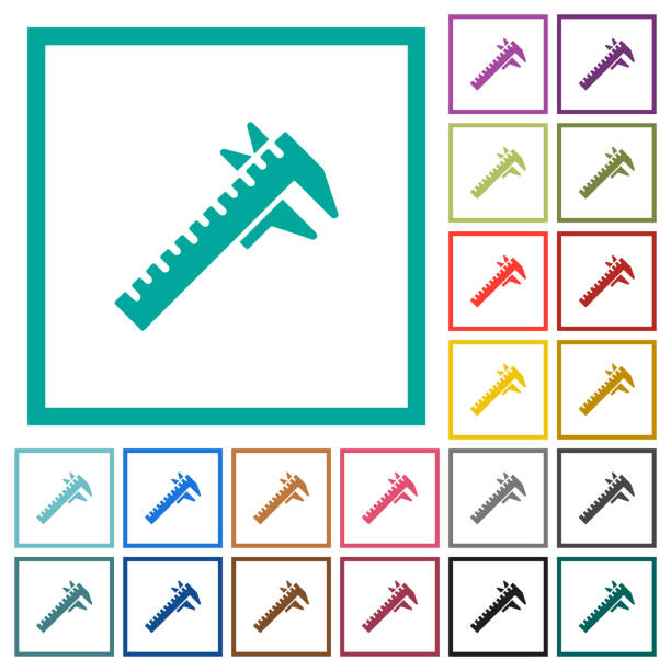 Caliper flat color icons with quadrant frames Caliper flat color icons with quadrant frames on white background vernier scale stock illustrations