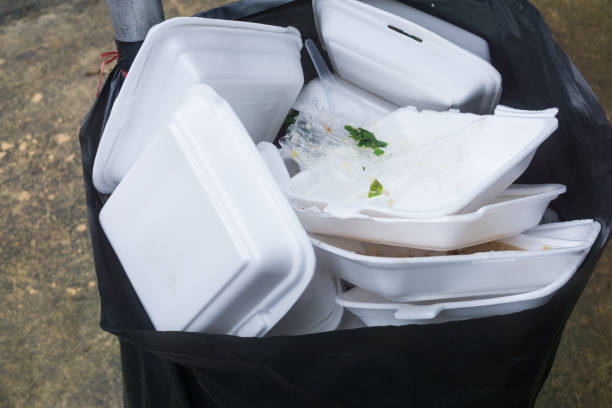 contenants alimentaires mousse sont les problèmes des déchets - polystyrene photos et images de collection