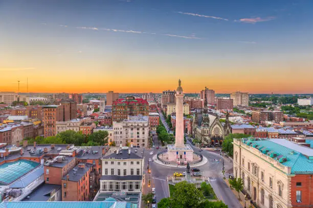 Baltimore, Maryland, USA cityscape at Mt. Vernon and the Washington Monument.