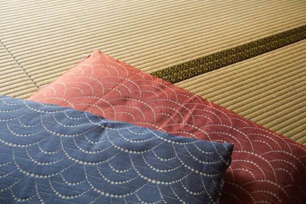 Japanese cushion and japanese carpet. Japanese cushion(zabuton) and japanese carpet(tatami). zabuton stock pictures, royalty-free photos & images