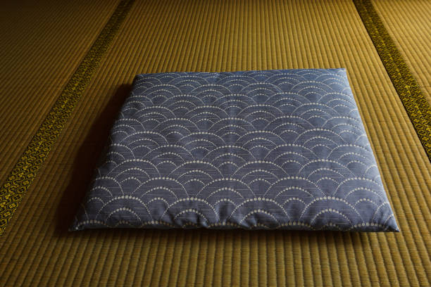 Japanese cushion and japanese carpet. Japanese cushion(zabuton) and japanese carpet(tatami). zabuton stock pictures, royalty-free photos & images