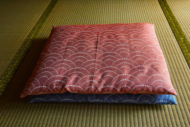 Japanese cushion and japanese carpet. Japanese cushion(zabuton) and japanese carpet(tatami). zabuton stock pictures, royalty-free photos & images