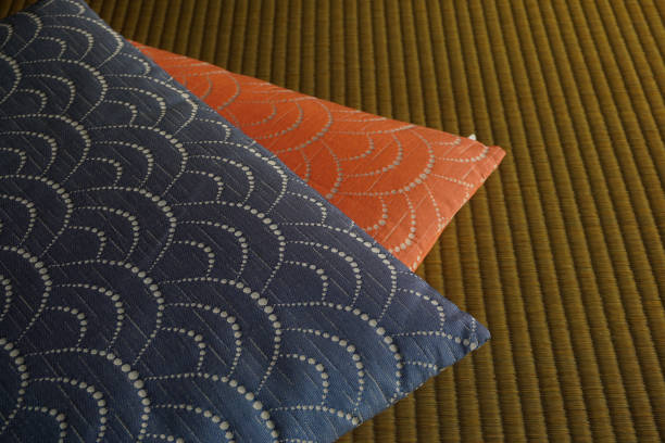 Japanese cushion and japanese carpet. Japanese cushion(zabuton) and japanese carpet(tatami). zabuton stock pictures, royalty-free photos & images