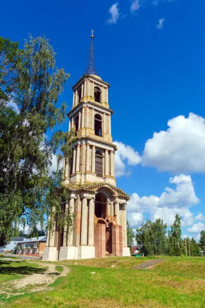 Ruins of a 75 meter high bell tower in the style of classicism in a small regional city, Venev, Tula region, Russia