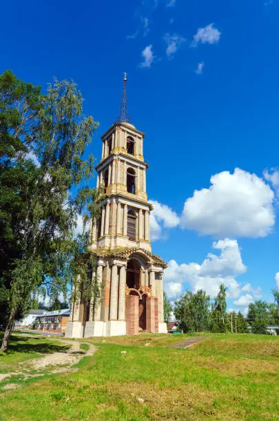 Ruins of a 75 meter high bell tower in the style of classicism in a small regional city, Venev, Tula region, Russia