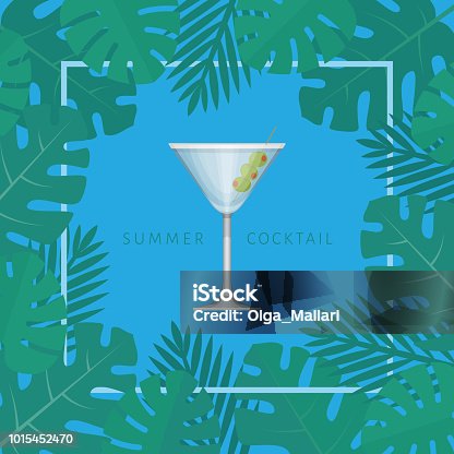 istock Summer tropical cocktail with palm leaves. Cocktail party poster or invitation to beach party. Flat style, vector illustration. 1015452470