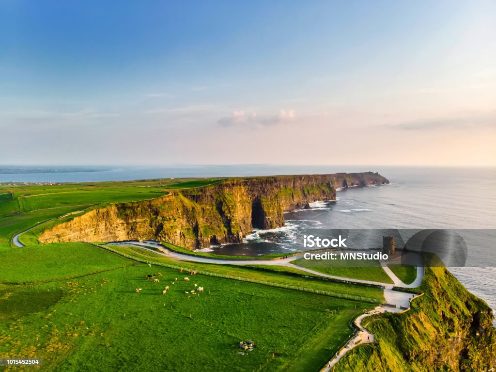 World famous Cliffs of Moher, one of the most popular tourist destinations in Ireland. World famous Cliffs of Moher, one of the most popular tourist destinations in Ireland. Aerial view of widely known tourist attraction on Wild Atlantic Way in County Clare. Ireland Stock Photo