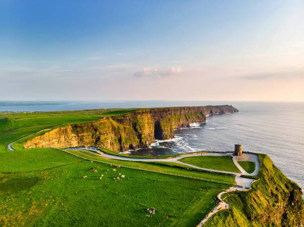 World famous Cliffs of Moher, one of the most popular tourist destinations in Ireland. World famous Cliffs of Moher, one of the most popular tourist destinations in Ireland. Aerial view of widely known tourist attraction on Wild Atlantic Way in County Clare. ireland photos stock pictures, royalty-free photos & images