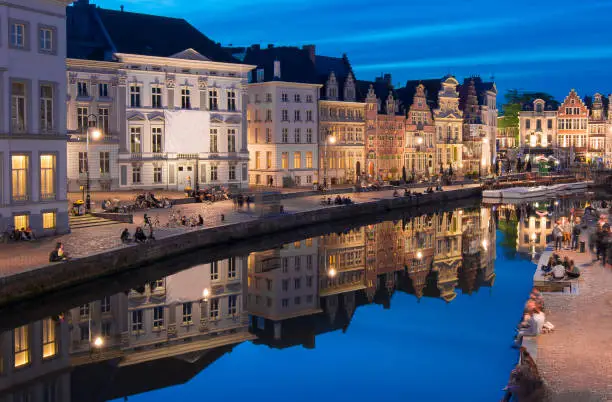 Photo of Korenlei quay at night, Gent, Belgium