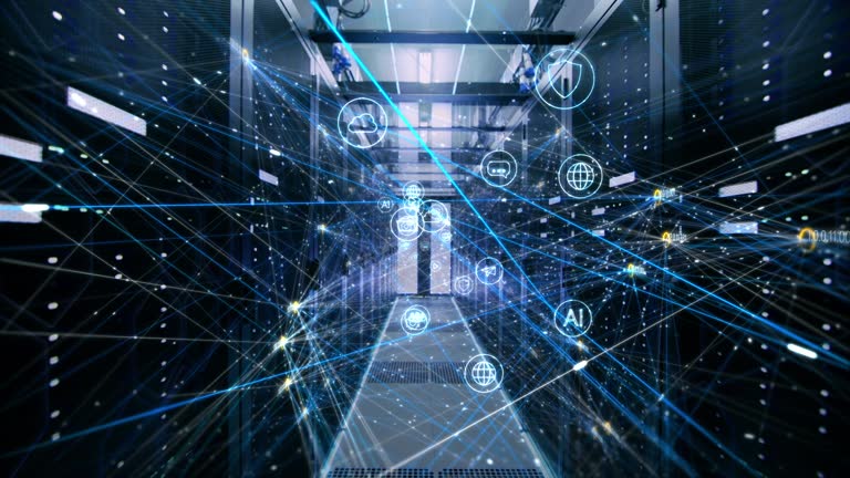 The Concept of: Digitalization of Information Stream Moving Through Rack Servers in Data Center. Interconnected Threads Connect User Data by Icons, Tags and Interests.