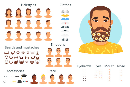 Vector cartoon style man avatar constructor with different face items: lips, noses and haircuts.