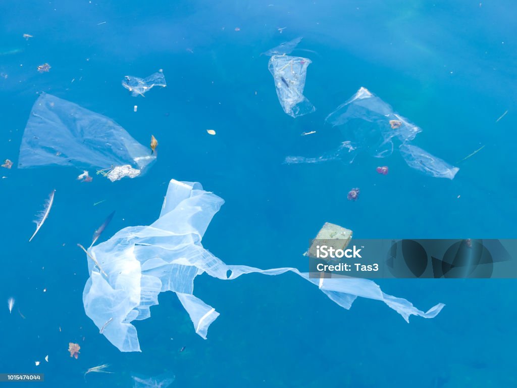 sacchetti di plastica e detriti galleggianti in mare - Foto stock royalty-free di Plastica