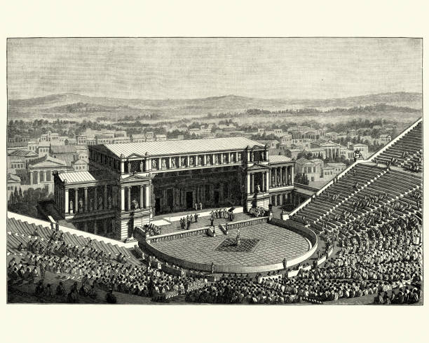 Reconstruction of the Ancient Theatre of Dionysus, Athens Vintage engraving of a Reconstruction of the Ancient Theatre of Dionysus, Athens. The Theatre of Dionysus Eleuthereus is a major theatre in Athens, considered to be the world's first theatre, built at the foot of the Athenian Acropolis. greek amphitheater stock illustrations