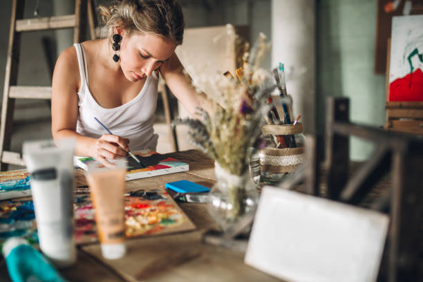 Painting and drawing in art studio