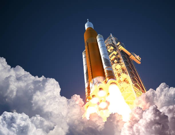 Space Launch System Takes Off Space Launch System Takes Off. 3D Illustration. NASA Images Not Used. space travel vehicle photos stock pictures, royalty-free photos & images