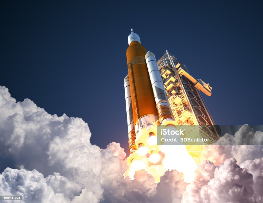 Sistema de lançamento decola - Foto de stock de Foguete espacial royalty-free