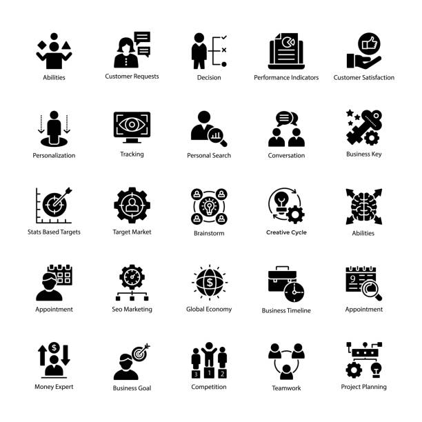 Icon Pack of Business Management From tip to toe all the processes and activities of business life are innovatively expressed in this business management pack. Instead of using words use these creative infographics to display yourself in the market as a pro. Have a look, grab use and be tycoon of the business icons industry. target market illustrations stock illustrations
