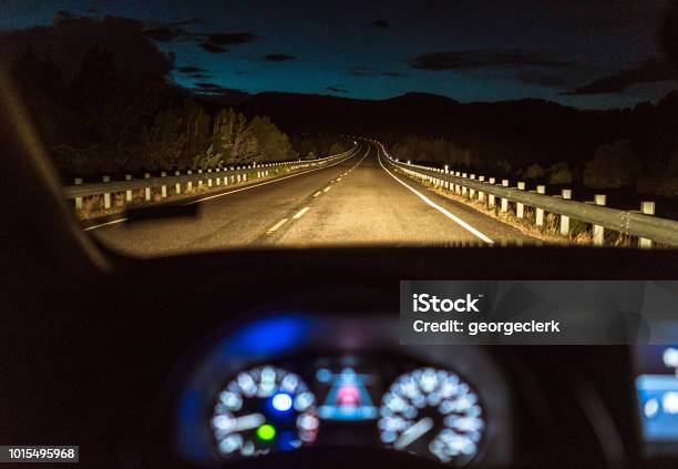 Country Highway At Night Drivers Point Of View Stock Photo - Download Image Now - Night, Driving, Car