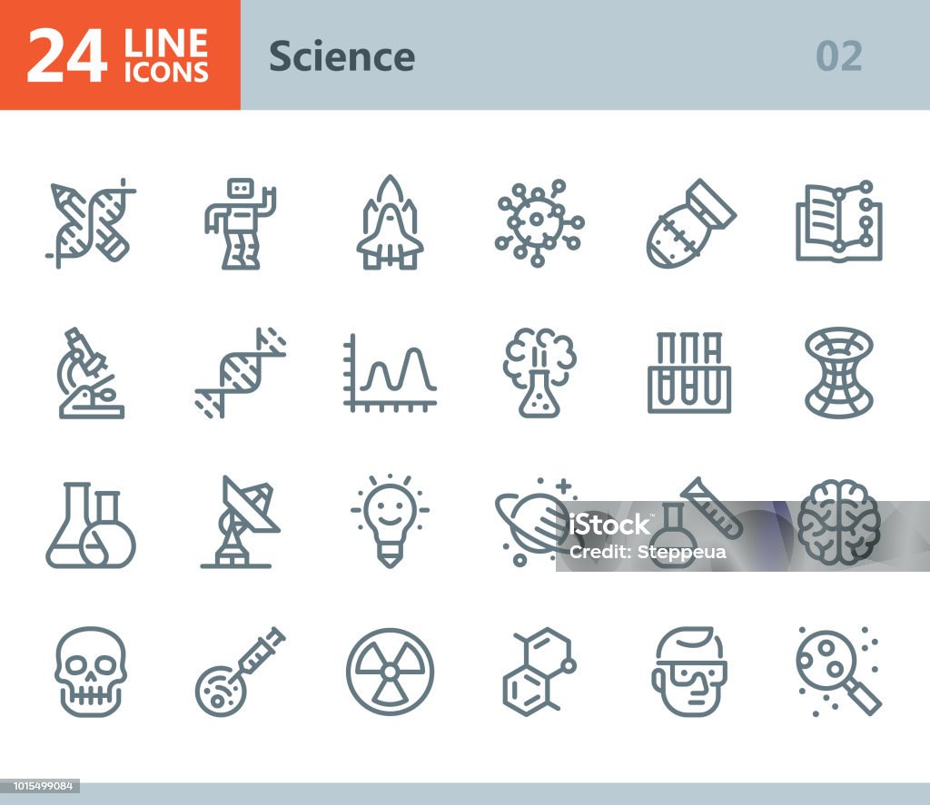 Science - line vector icons Vector Line icons set. One icon consists of a single object. Files included: Vector EPS 10, HD JPEG 3000 x 2600 px Icon Symbol stock vector