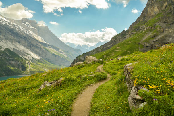 Winding walking trail high above the Oeschinensee lake Winding walking trail high above the Oeschinensee lake with picturesque panorama of Swiss Alps dirt road stock pictures, royalty-free photos & images