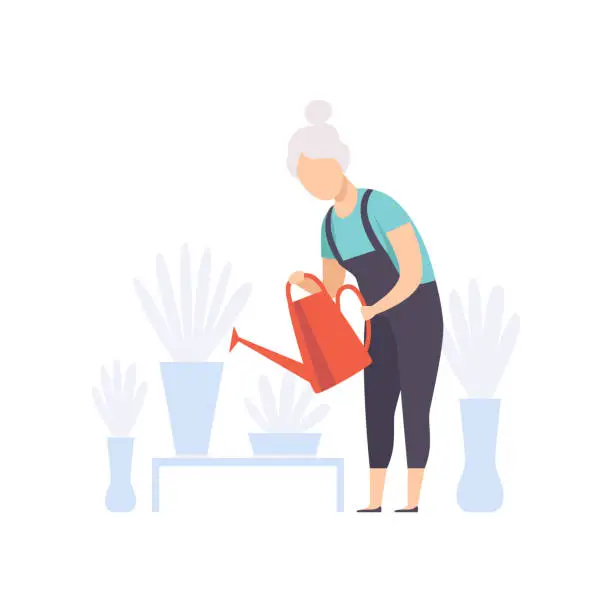 Vector illustration of Senior woman character watering flowers with can, elderly people leading an active lifestyle social concept vector Illustration on a white background