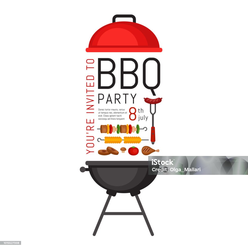 Bbq party invitation with grill and food. Barbecue poster. Food flyer. Flat style, vector illustration. Barbecue Grill stock vector