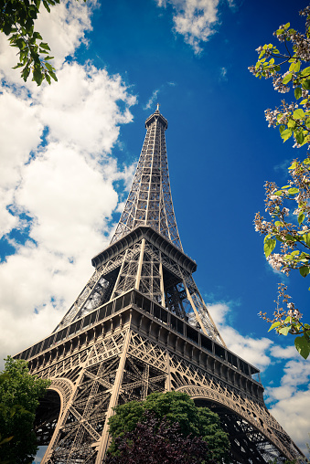 Las Vegas, Nevada, USA - September 22, 2014: Closeup of the top of the Paris Casino Eiffel Tower replica which is about half the size of the original in France. The tower is an iconic landmark along the famous Las Vegas Strip.
