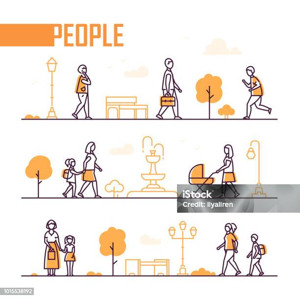 City Life Set Of Line Design Style Elements Stock Illustration - Download Image Now - Line Art, People, City