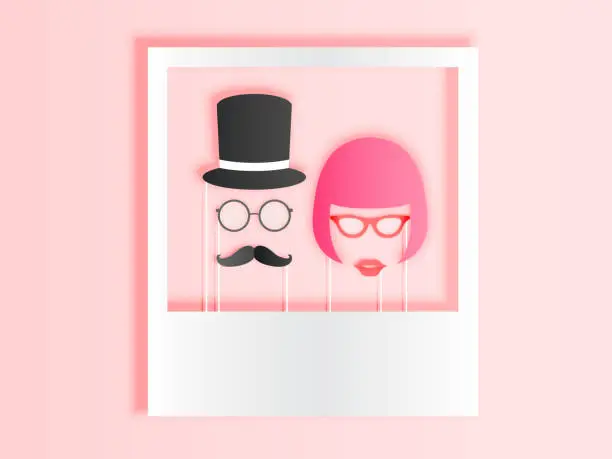 Vector illustration of Photo booth items for couple in paper art style with pastel color scheme