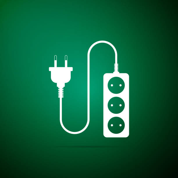 ikona przedłużacza elektrycznego izolowana na zielonym tle. gniazdo wtykowe. płaska konstrukcja. ilustracja wektorowa - extension cord push button cable electric plug stock illustrations