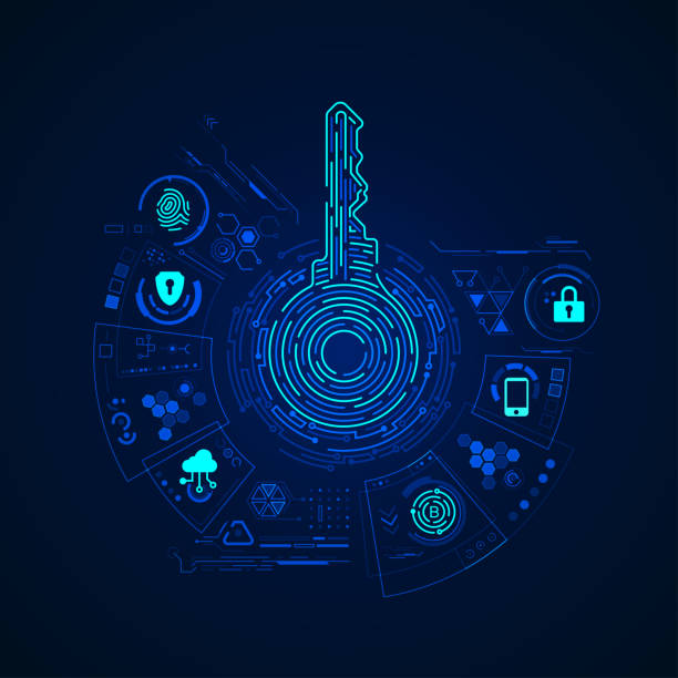 private key concept of cyber security or private key, abstract digital key with technology interface key stock illustrations