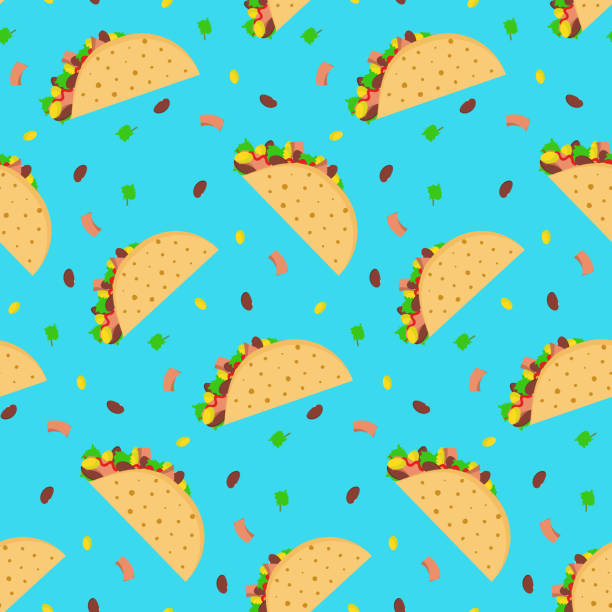 Cute cartoon pattern with mexican tacos Cute cartoon seamless pattern with mexican tacos on bright blue background. Nice fastfood texture for textile, cafe and restaurant wrapping paper, covers, banners, wallpaper tacos stock illustrations