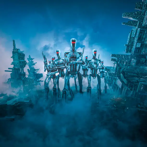 3D illustration of science fiction scene with three military robots with laser rifles searching ruins of futuristic dystopian city