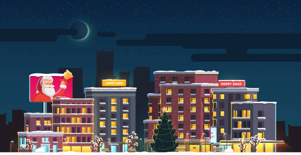 ilustrações de stock, clip art, desenhos animados e ícones de small city square with decorated christmas tree. new year night winter  cityscape scenery. flat isolated vector with santa claus billboard - piazza nova illustrations