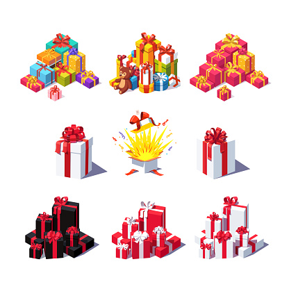 Gift box collection. Colorful piles of decorated presents. Isometric view surprise decor set. Wrapped cardboard presents with ribbon bows. Flat style vector illustration on white background