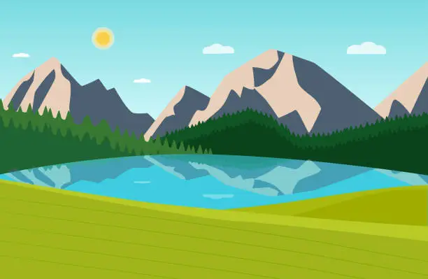 Vector illustration of Summer landscape with forest, mountains and laker. Vector flat style illustration