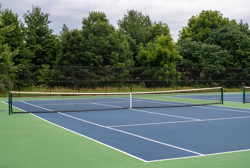 A small, blue asphalt neighborhood tennis court surrounded by green