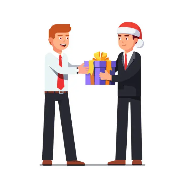 Vector illustration of Corporate worker take big gift box decorated with ribbon bow from boss in Santa Claus hat. Merry Christmas and Happy new year congratulations card template. Flat isolated vector