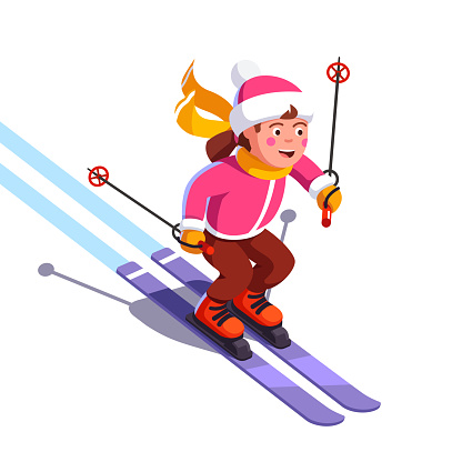 Smiling girl skiing fast down the mountain. Winter sport and entertainment. Young skier wearing waving scarf having fun gliding on snow. Flat style vector illustration isolated on white background