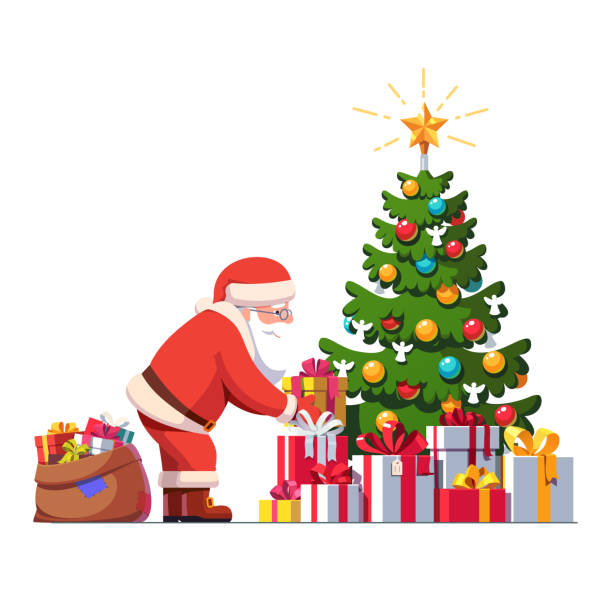 illustrations, cliparts, dessins animés et icônes de santa claus mettre boîte de cadeau sous le sapin de noël d�écoré de babioles et étoile brillante. gros tas de cadeaux et le sac plein de coffrets cadeaux emballés. joyeux noël et bonne année carte de félicitation. vector isolé plat - surprise gift box christmas present religious celebration